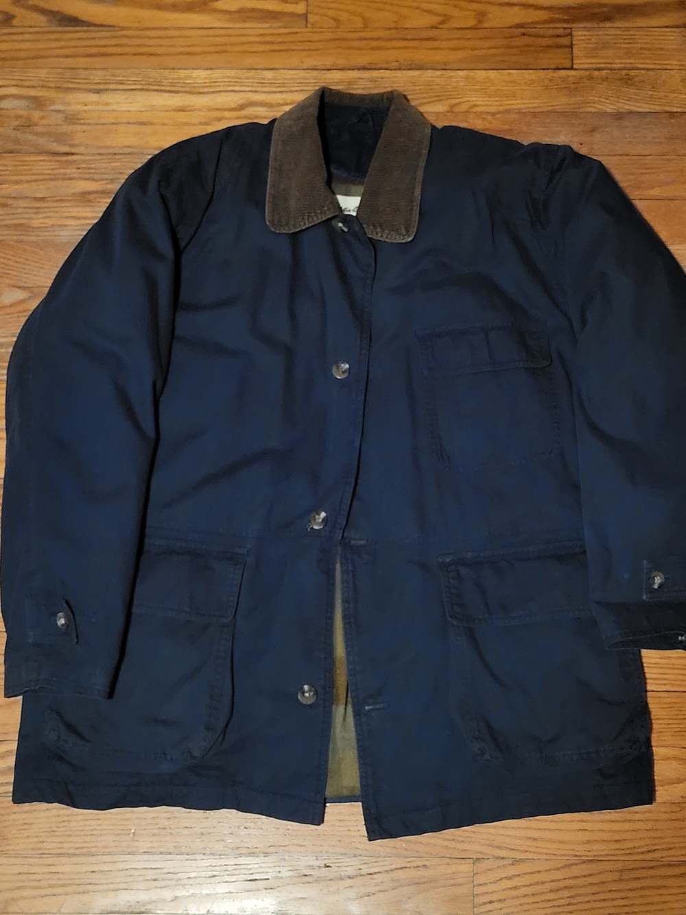 Vintage Eddie Bauer Navy Barn Coat with Brown Corduroy Collar